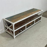 Indian Furniture Handmade Mango Wood 3 drawers Tv Unit with Metal Stand 150x40x90Cm